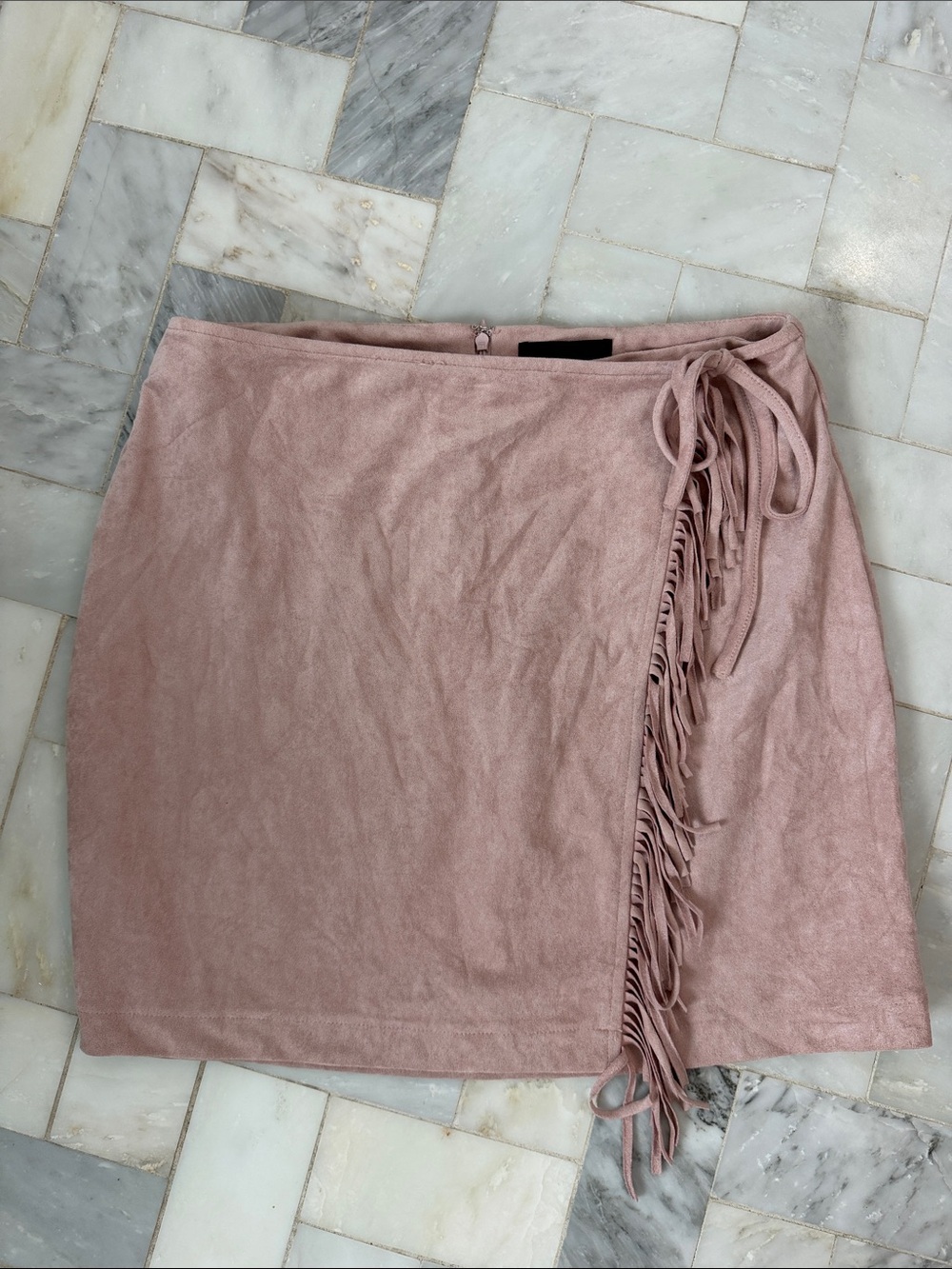 Kittenish Women's Faux Suede Fringe Wrap Mini Skirt - Dusty Rose